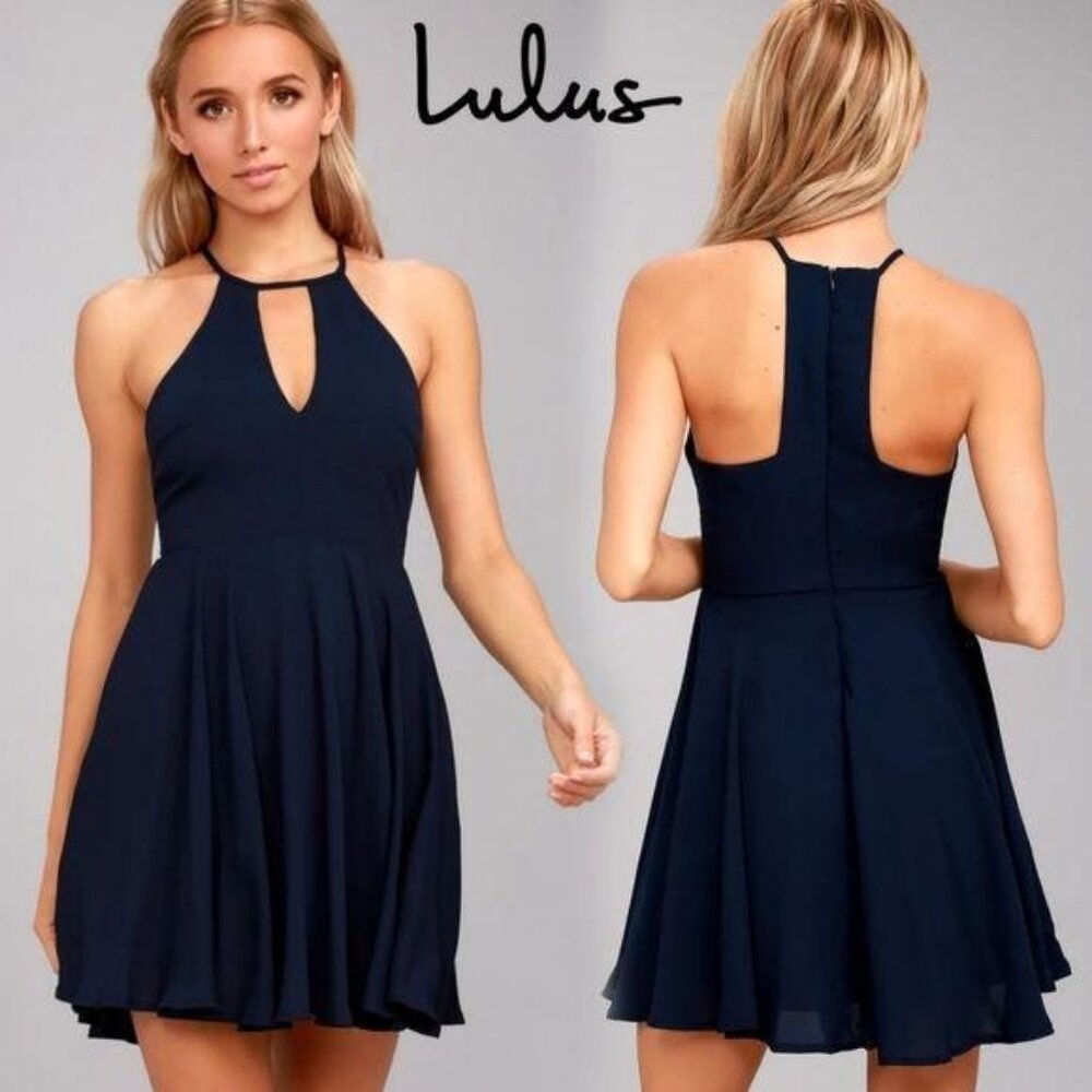 Lulus Navy Blue Keyhole Halter Dress Flared A-Line Sleeveless Back Zipper Size M